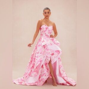 Fashion Nova Pink and White Satin Strapless Gown